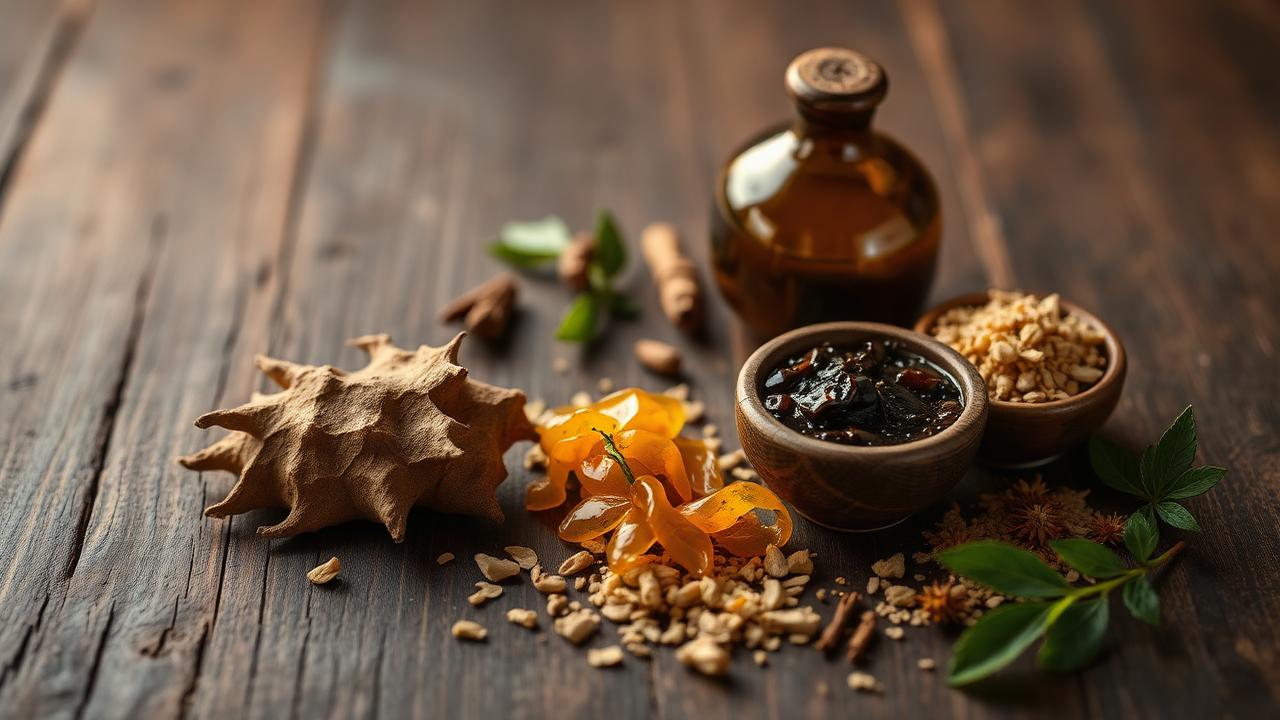 Ayurvedic herbs Ashwagandha, Shilajit and Gokshura on a wooden surface