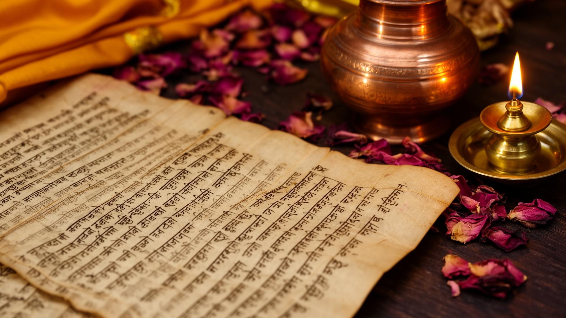 Ancient Sanskrit Ayurvedic manuscript with brass diya