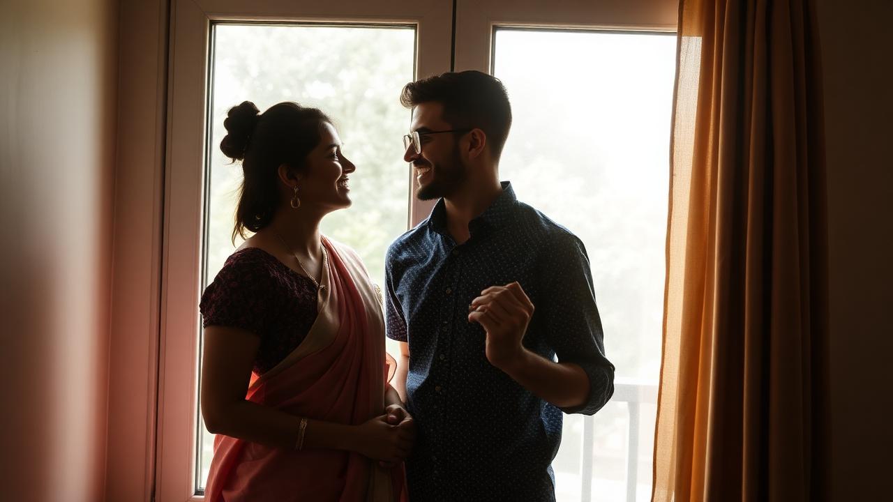 Happy young Indian couple holding hands together