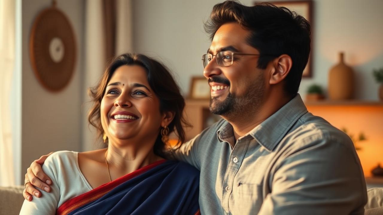 Indian couple smiling together in a warm home setting