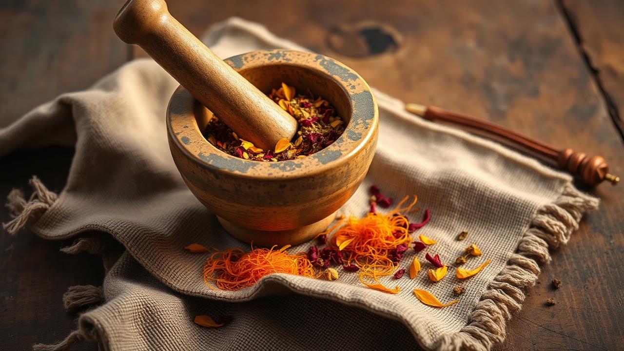 Mortar and pestle with safed musli, gokshura herbs and saffron strands