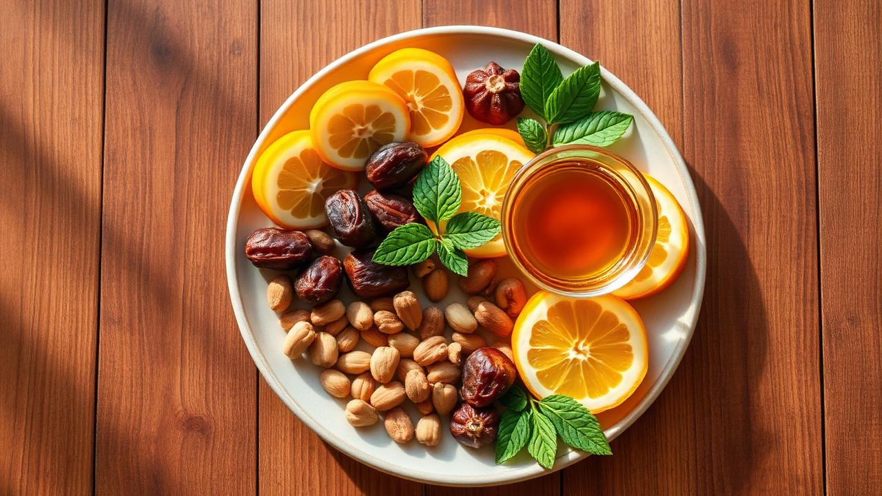 Healthy Ayurvedic plate with fruits, nuts, dates and herbal tea