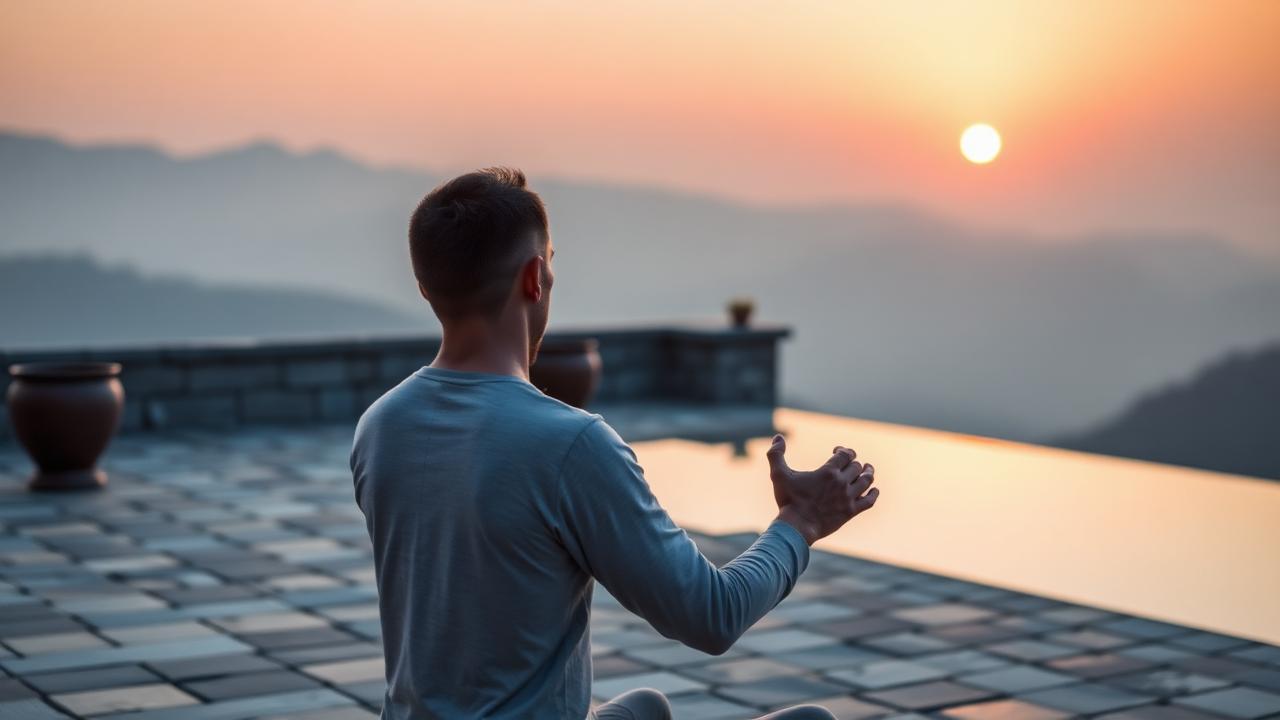 Man practicing pranayama yoga at sunrise on a stone terrace